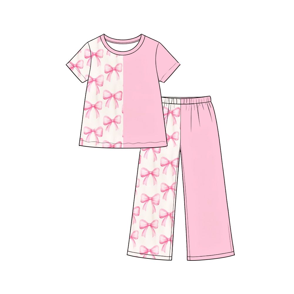 ( Moq 5 ) Preorder Baby Girls Kids Short Sleeves Shirt Bows Pink Pants Set Clothes