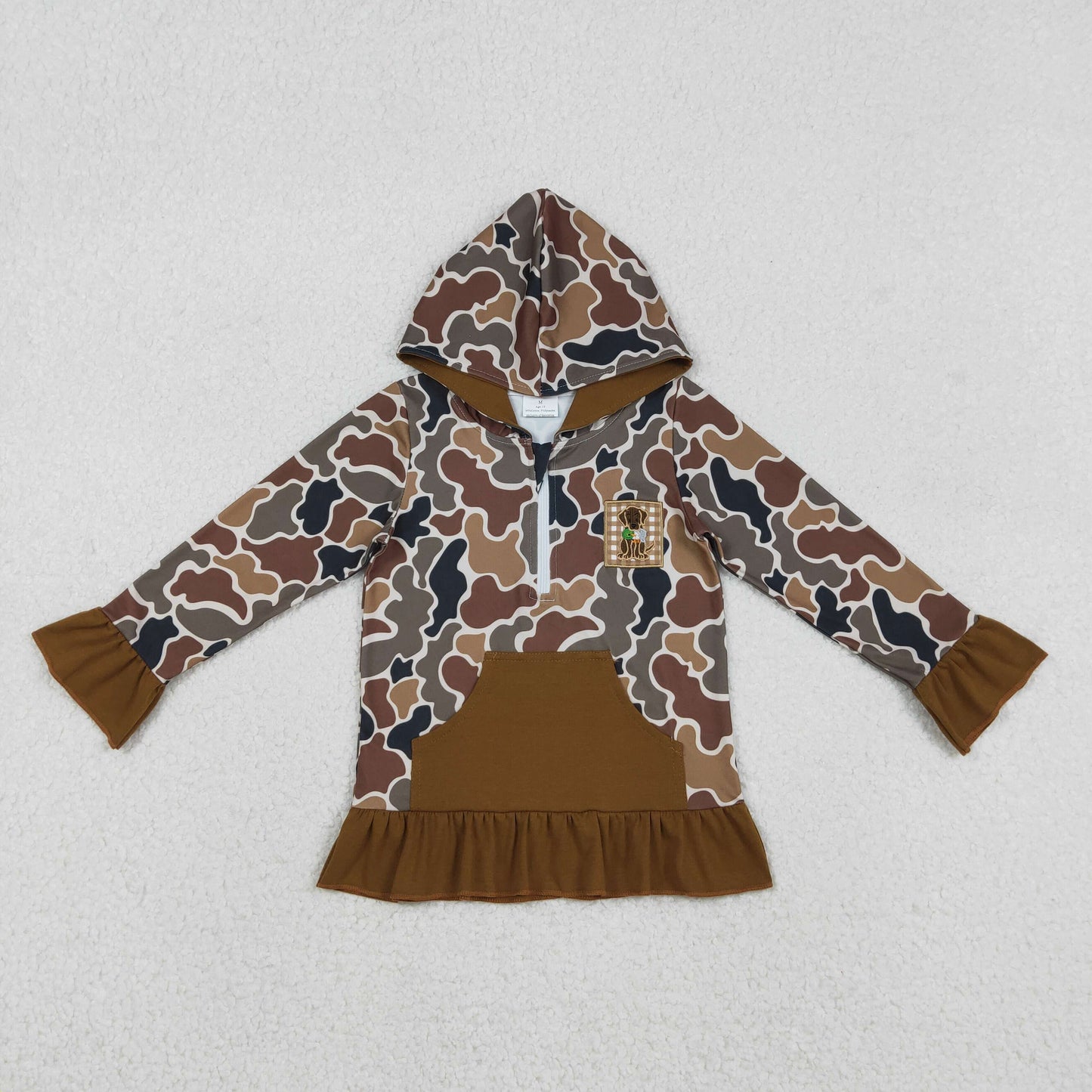 Baby Girl Long Sleeves Embroidery Dog Ruffle Hoodie Zipper Brown Pocket Camo Shirt RTS
