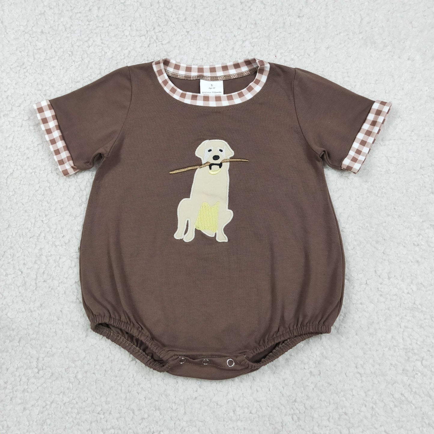 Baby Boys Infant Short Sleeves Embroidery Dog Hunting Brown Bubble Romper RTS