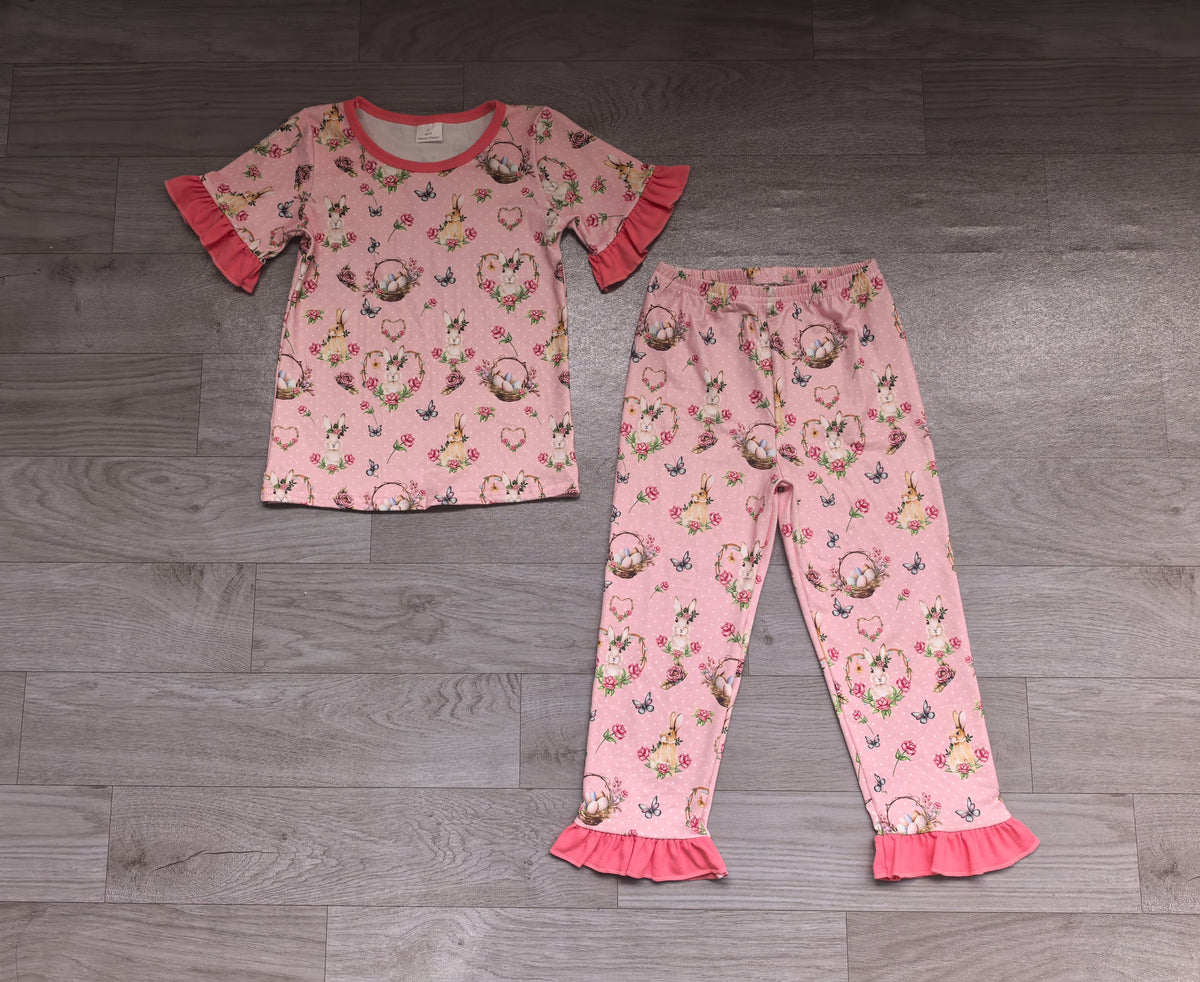 ( No moq ) Preorder Baby Girls Kids Rabbits Eggs Flower Shirt Pants Set Easter Clothes