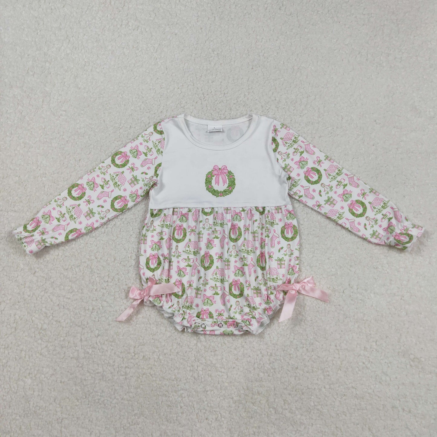 Baby Girl Long Sleeves Pink Bows Holly Christmas Ruffle Bubble Romper RTS