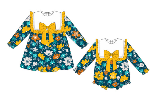 ( Moq 5 Each Style ) Sibling Baby Girls Toddler Long Sleeves Flower Bows Romper Dress Clothes