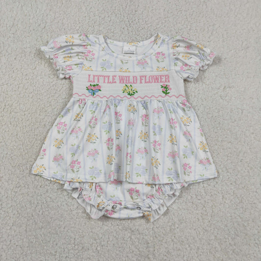 Baby Girls Kids Short Sleeves Embroidery Little Wild Flower Skorts Smocked Romper RTS