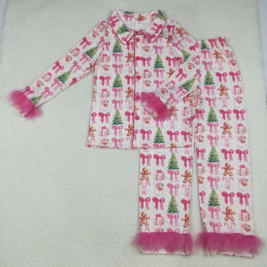 Adult Woman Pink Fur Long Sleeves Gingerbread Tree Bows Buttons Shirt Pants Christmas Pajamas Set RTS