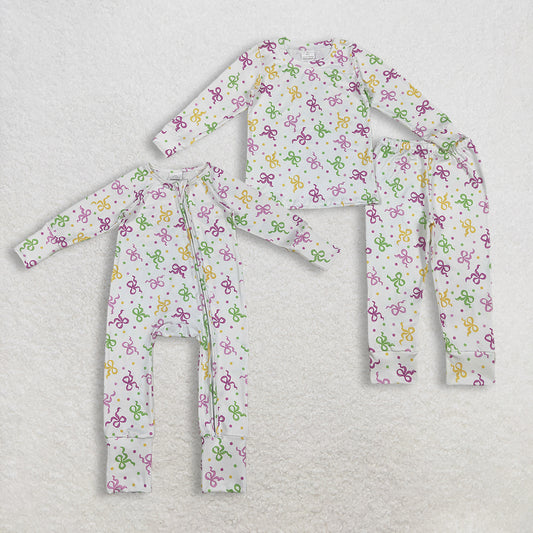 Sibling Baby Girls Kids Mardi Gras Long Sleeves Dots Bows Zipper Romper Pajamas Set RTS