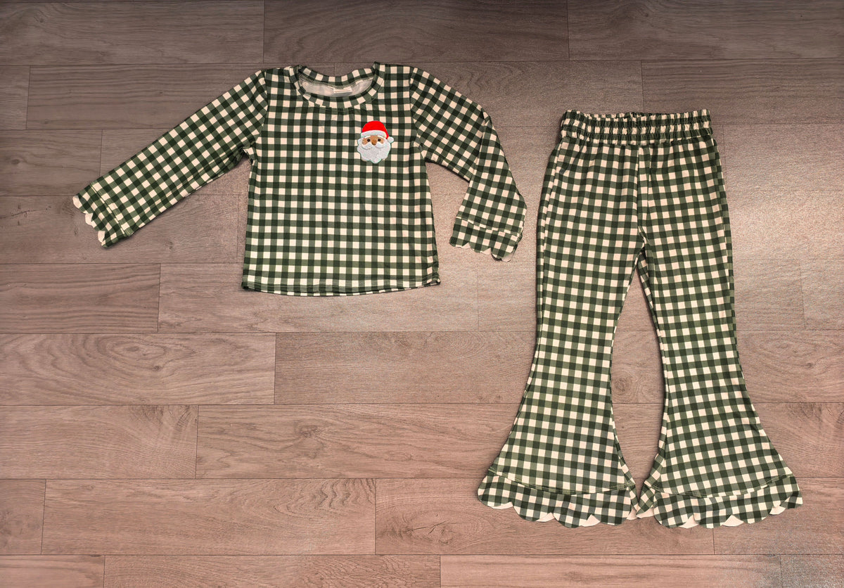 ( No moq ) Preorder Baby Girls Kids Embroidery Christmas Santa Scallop Tops Green Plaid Pants Set Clothes