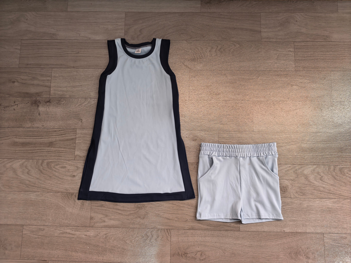( No moq ) Preorder Baby Girls Kids Sleeveless Tops Blue Pockets Shorts Set Yoga Active Clothes