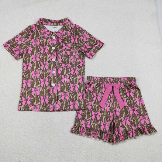 Adult Women Short Sleeves Camo Buttons Pocket Shirt Ruffle Pink Bows Shorts Pajamas Set RTS