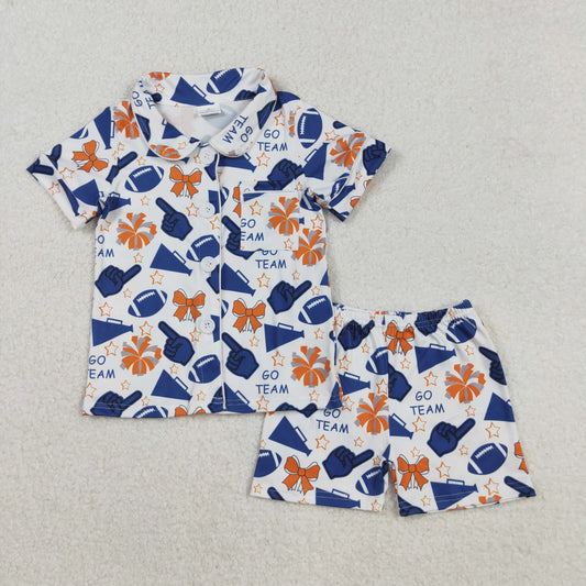 Baby Girl Shot Sleeves Navy Football Stars Bows Cheer Buttons Shirt Short Pajamas Team Set RTS