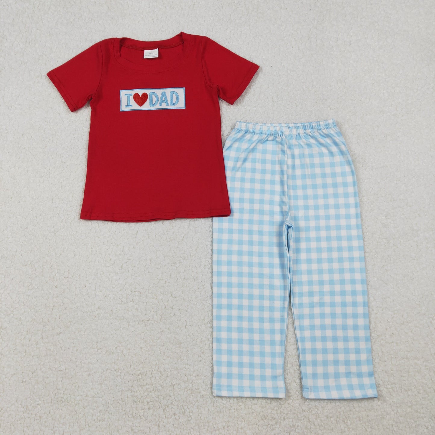 Kids Girls Embroidery I Love DAD Red Shirt Plaid Ruffle Pants Set Clothes RTS