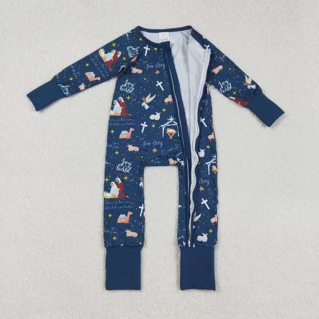 Sibling Boys Kids Long Sleeves Nativity Christmas Pajamas Footie Zipper Romper Set RTS