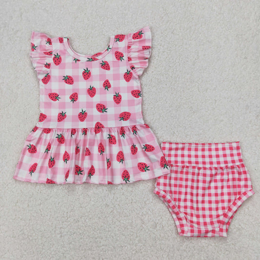 Baby Girl Short Sleeves Strawberry Checked Tunic Pink Bummie Clothes Set RTS