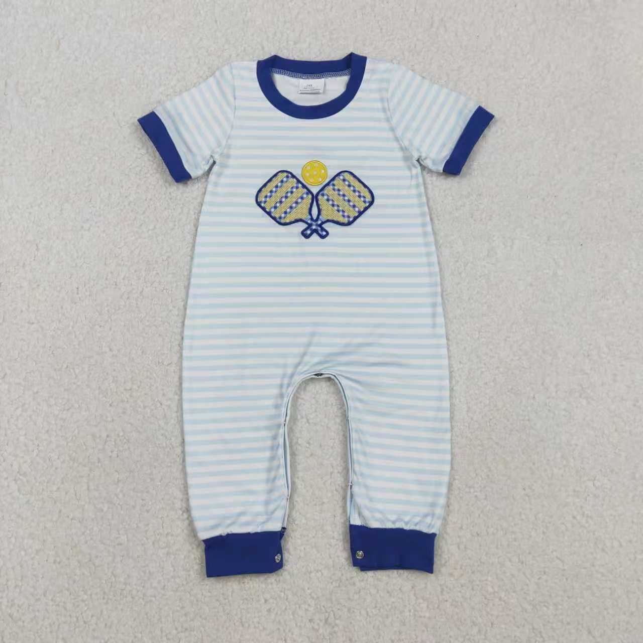 Sibling Baby Boys Kids Stripes Short Sleeves Embroidery Table Tennis Blue Romper Set RTS