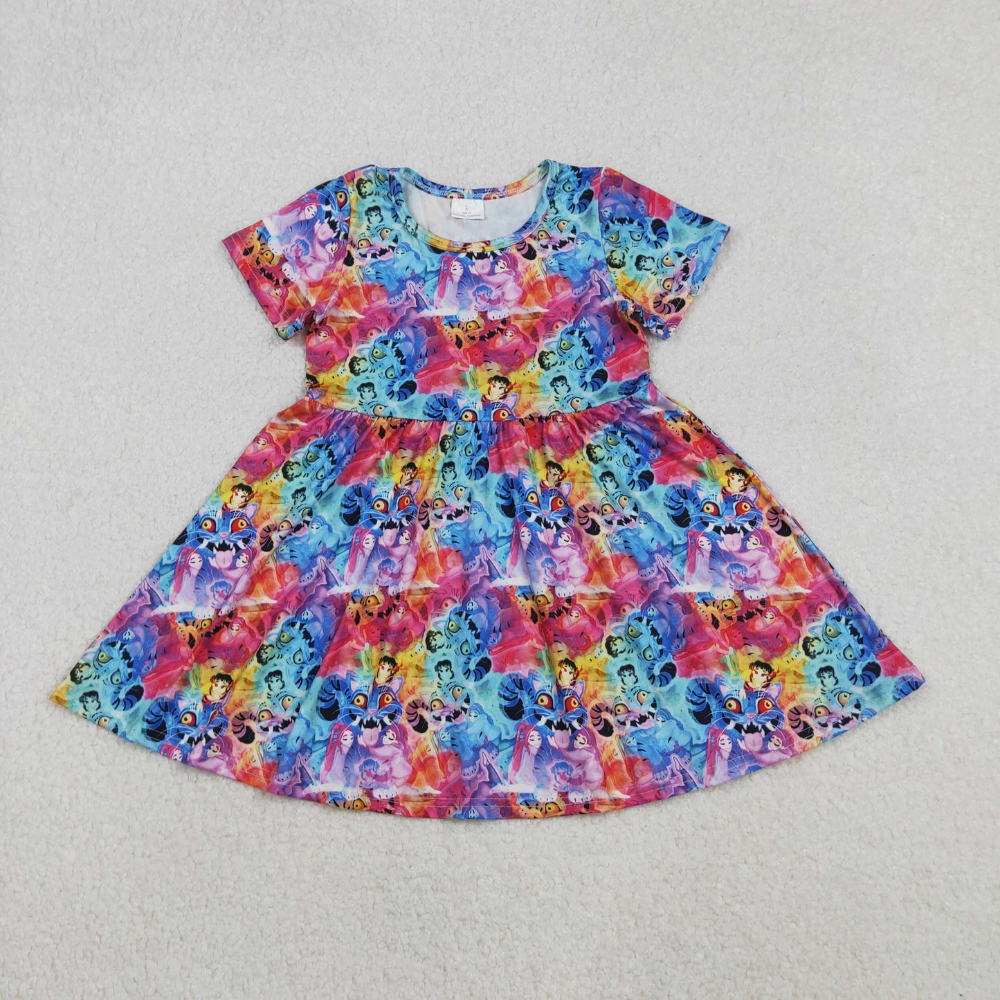 Baby Girls Kids Short Sleeves Music Character Colorful Knee Length Dress RTS