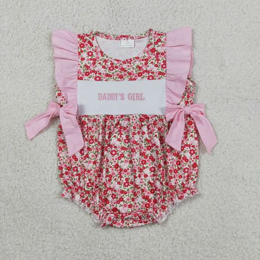 Baby Girls Kids Short Sleeves Embroidery Daddy's Girl Flower Pink Bows Bubble Romper RTS