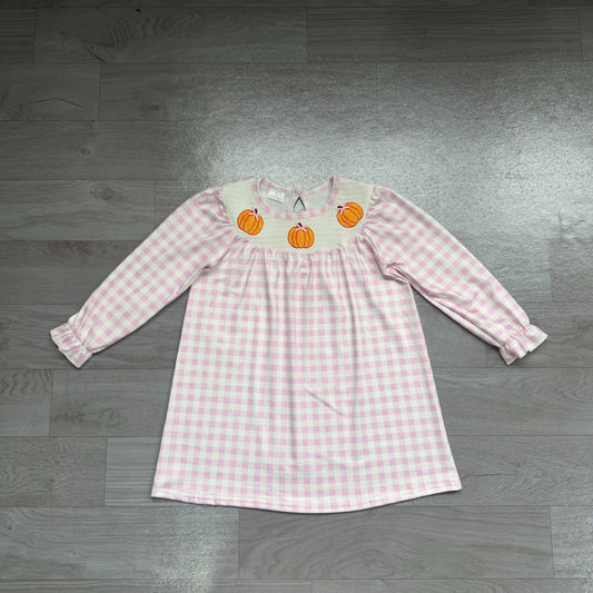( No moq ) Preorder Baby Girls Kids Embroidery Pumpkins Bows Plaid Knee Length Dress Fall Clothes