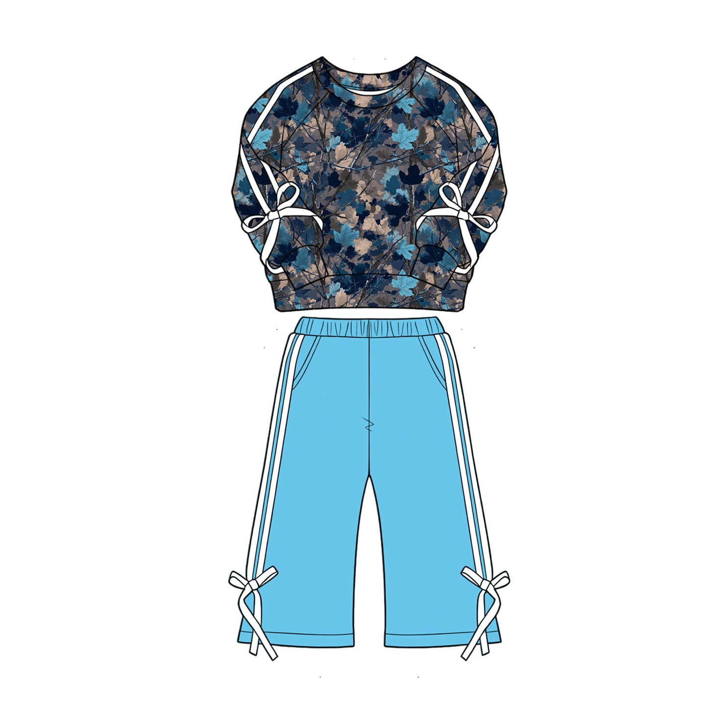 ( Moq 5 ) Preorder Baby Girls Kids Bows Long Sleeves Leaves Shirt Blue Pockets Pants Set Clothes
