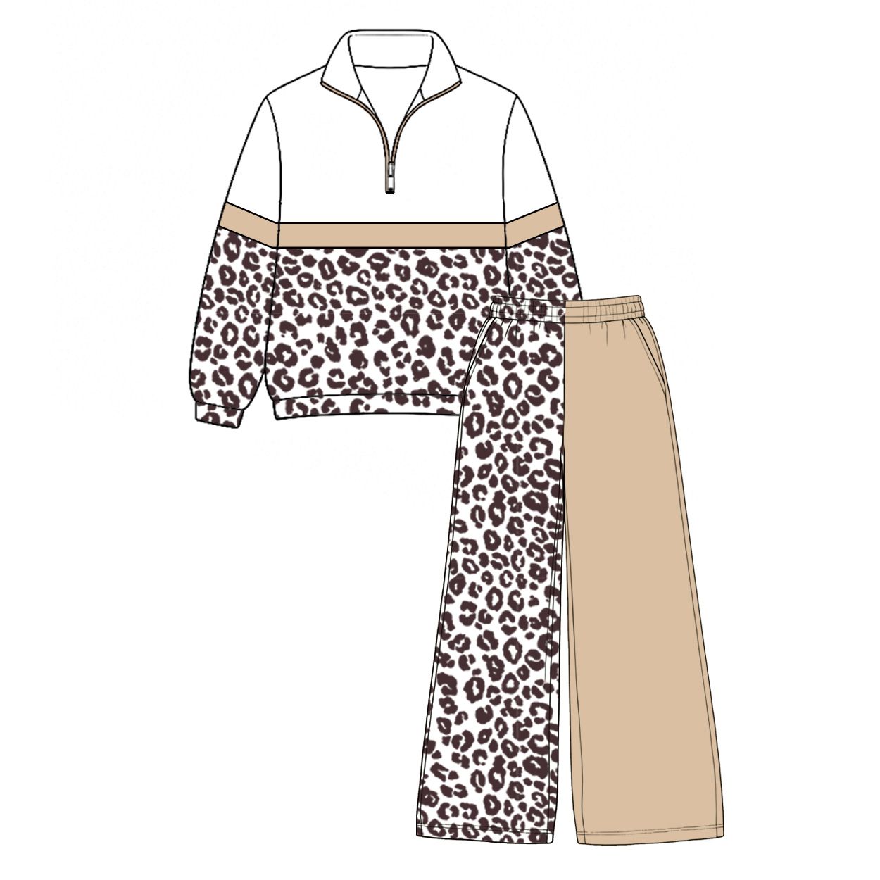( Moq 5 ) Preorder Baby Girls Kids Long Sleeves Zipper Leopard Pullover Light Khaki Pockets Pants Set Clothes