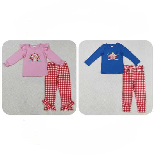 Boys Girls Long Sleeves Embroidery Candy Cane Shirt Plaid Pants Sibling Christmas Set RTS