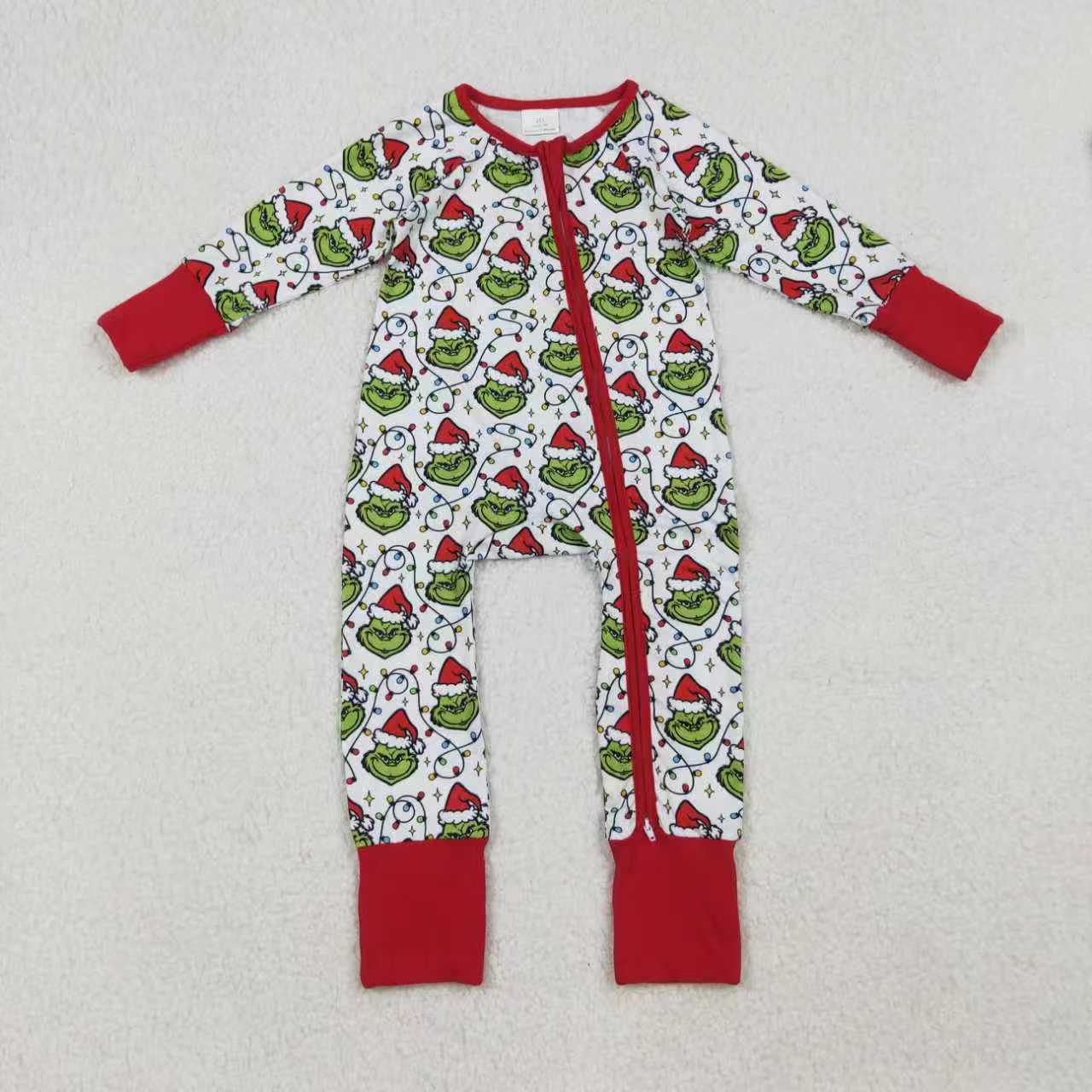 Sibling Boys Kids Long Sleeves Green Faces Lights Christmas Zipper Romper Pajamas Set RTS