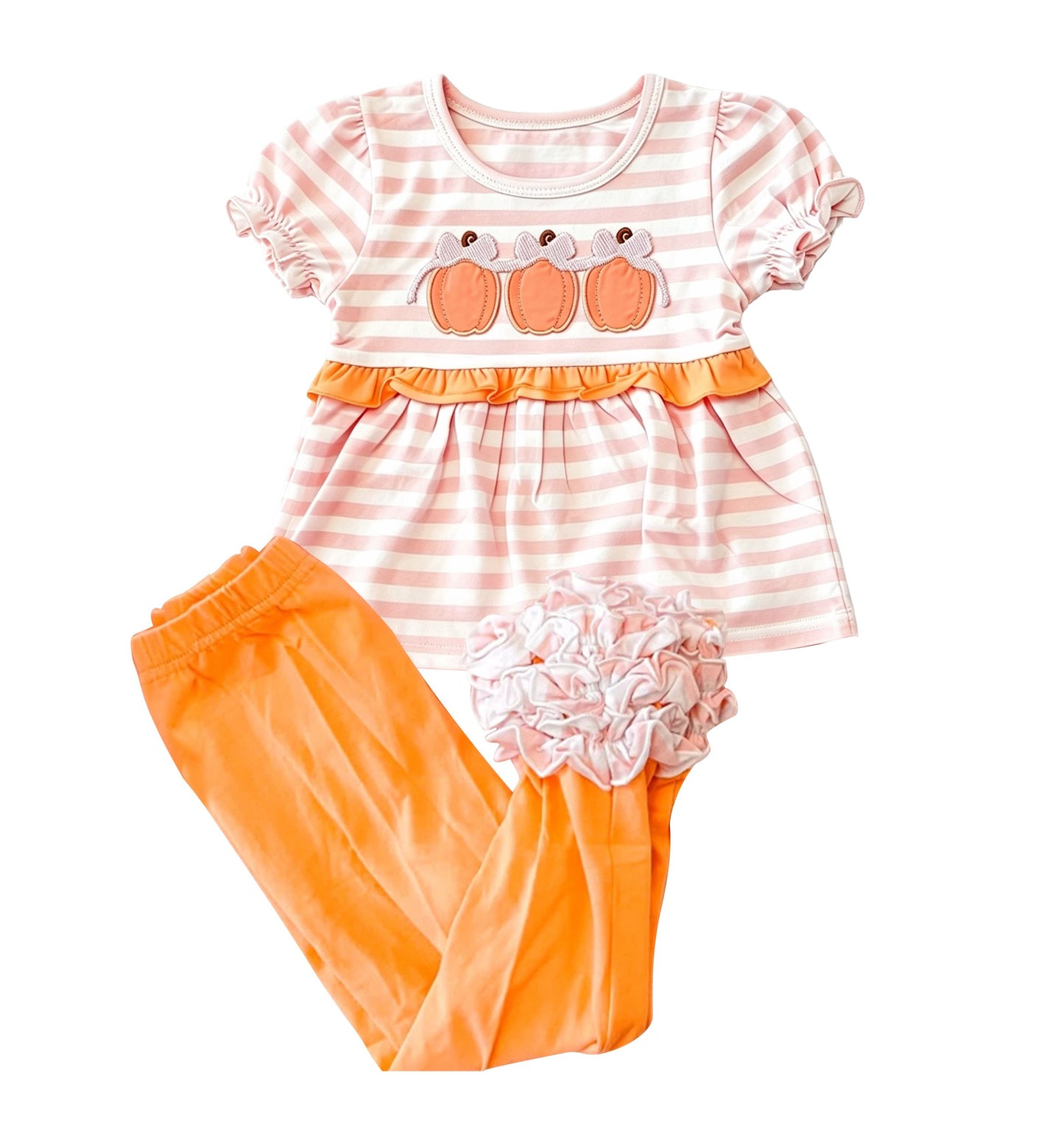 ( Moq 5 ) Preorder Baby Girl Kids Short Sleeves Pumpkins Bows Stripes Tunic Ruffle Pants Fall Set Clothes
