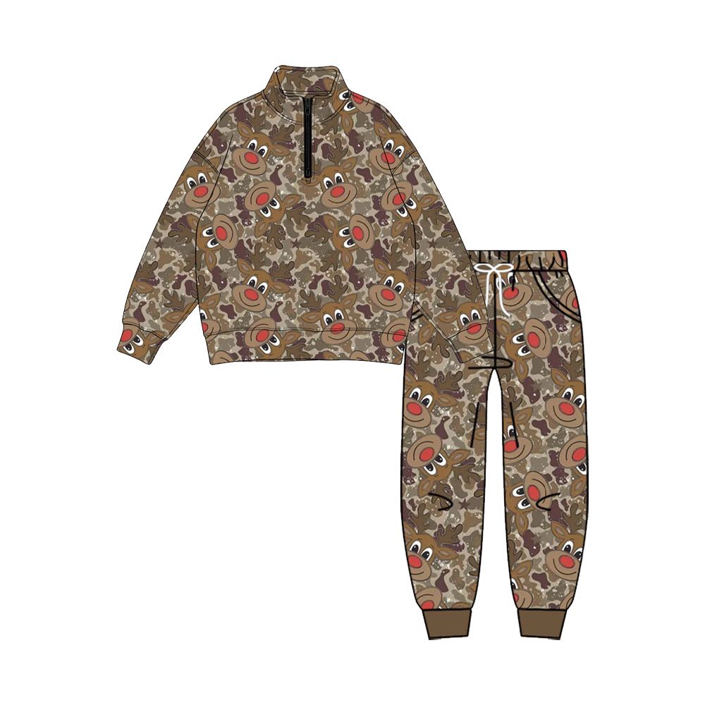 ( Moq 5 ) Preorder Baby Boy Kids Deer Camo Zipper Shirt Pockets Pants Christmas Set Clothes