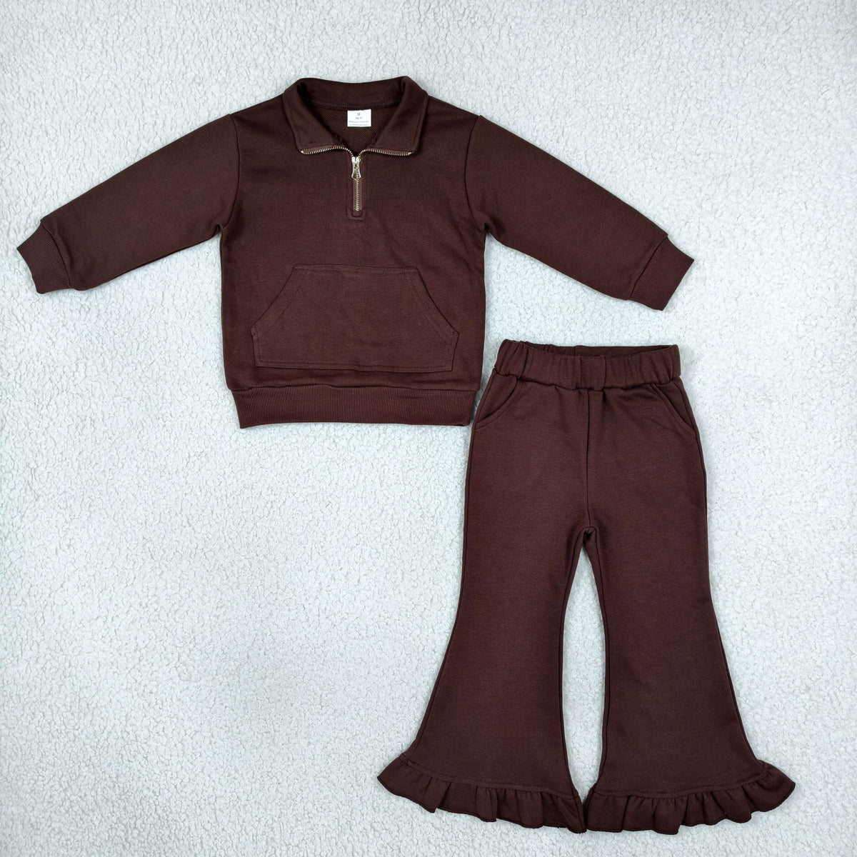 Baby Girls Kids Long Sleeves Dark Brown Zipper Shirt Pockets Pants Set Sweatsuit Cotton Clothes RTS