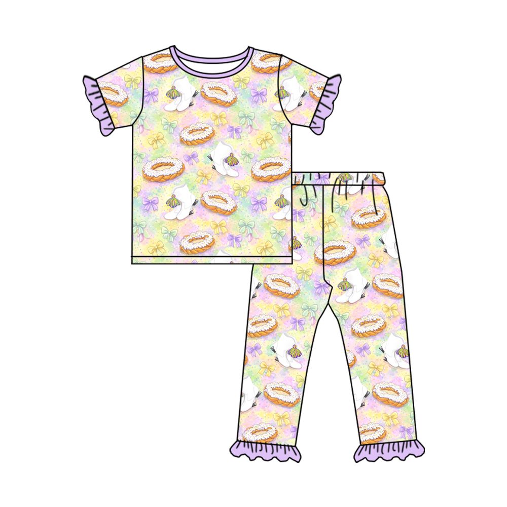 ( Moq 5 ) Preorder Baby Girls Kids Donuts Bows Boots Mardi Gras Shirt Pants Pajamas Set Clothes