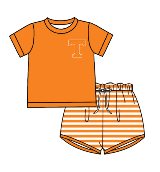 ( Moq 5 ) Baby Boys Short Sleeves T Shirt Orange Stripes Shorts Team Clothes Set