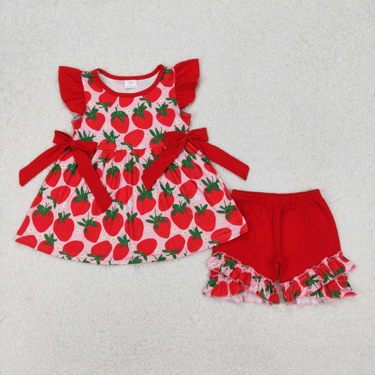 Baby Girl Short Sleeves Red Bows Strawberry Tunic Ruffle Shorts Set RTS
