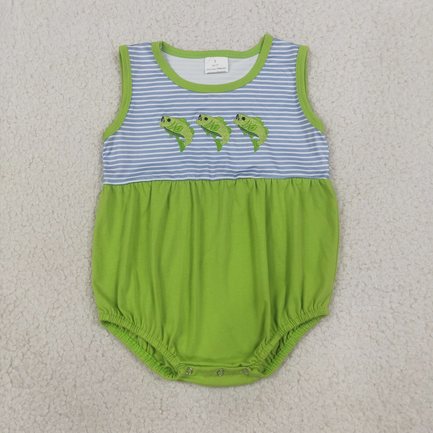 Baby Boys Infant Embroidery Fish Stripes Green Bubble Romper Clothes RTS