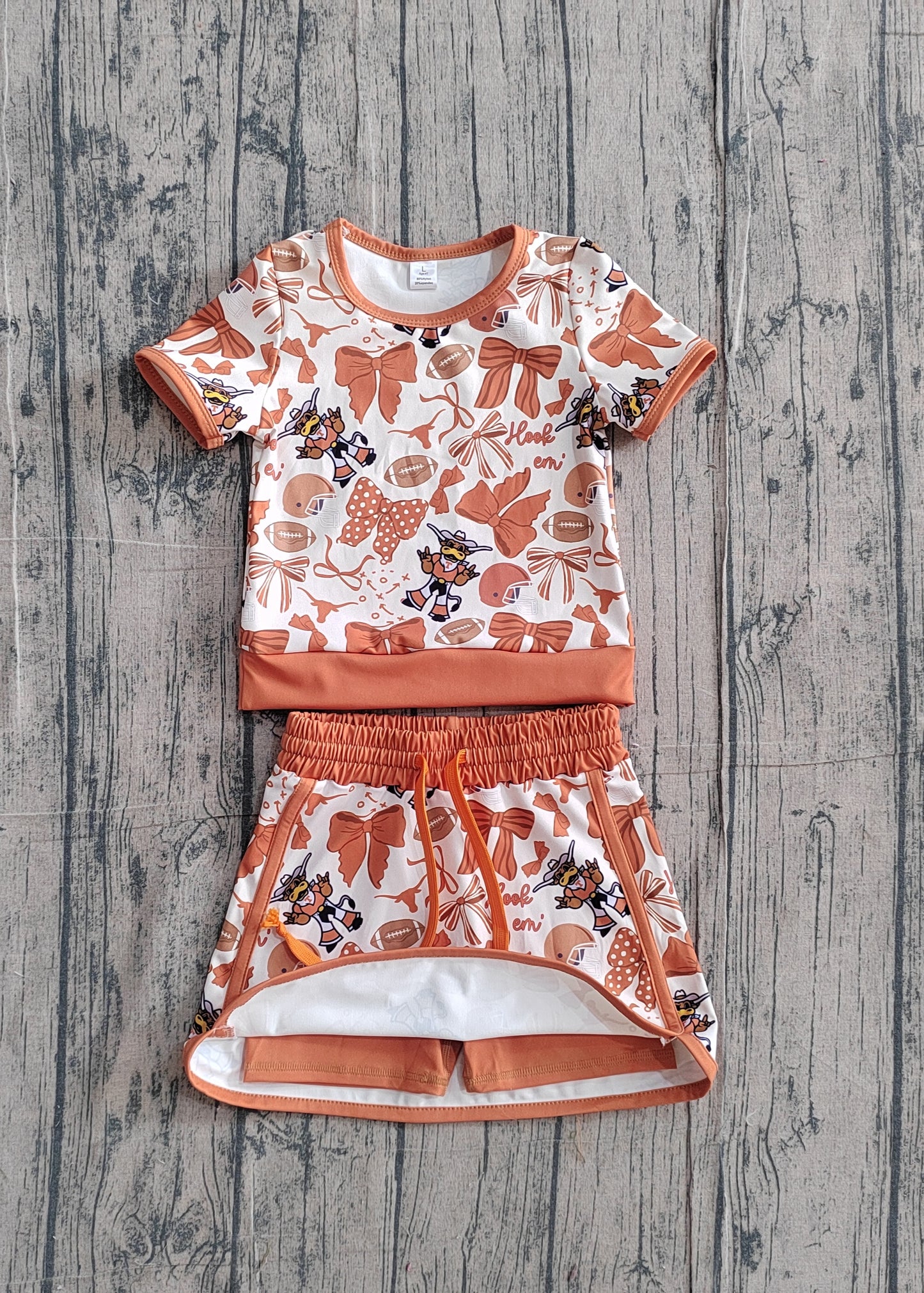 Baby Girls Toddler Short Sleeves Cow Bows Football Team Shirt Shorts Yoga Brown Set RTS