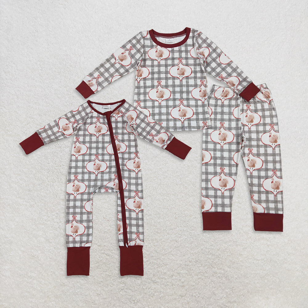Sibling Girls Kids Long Sleeves turkey Bows Plaid Thanksgiving Zipper Romper Pajamas Clothes Set RTS