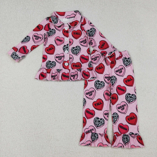 Girls Kids Hearts Buttons Shirt Pants Valentine's Day Pajamas Clothes Set RTS