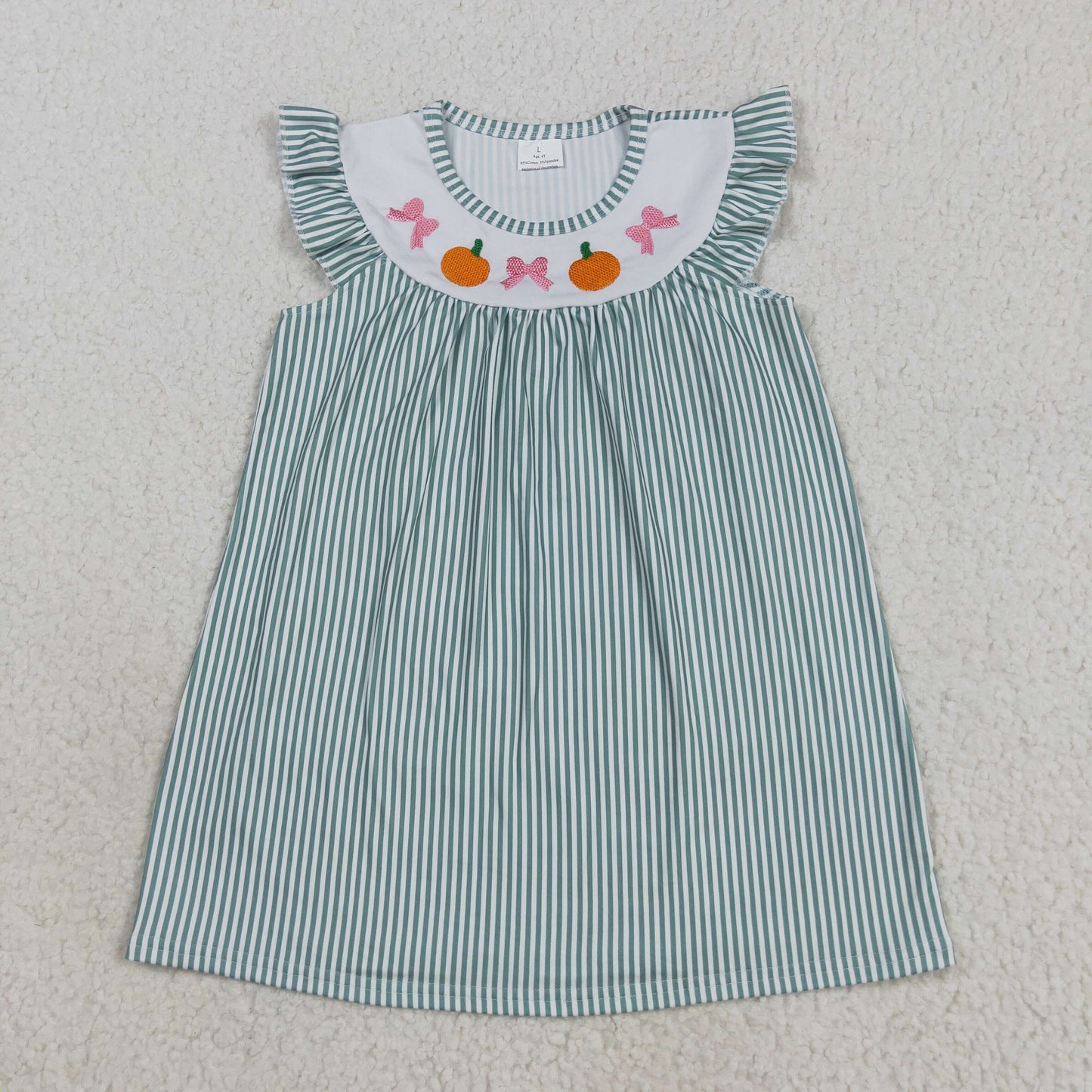 Baby Girl Short Sleeves Embroidery Bows Pumpkins Green Stripes Knee Length Dress RTS