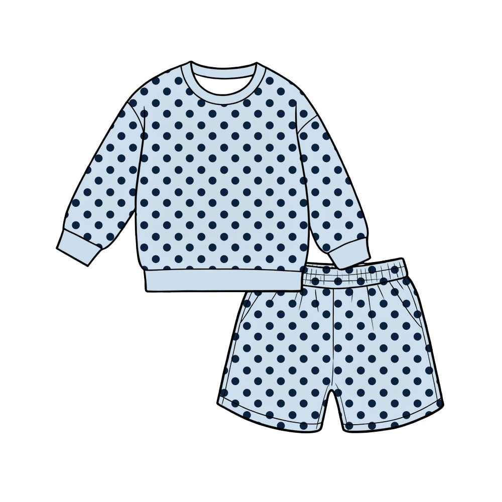 ( Moq 5 ) Preorder Adult Women Blue Long Sleeves Navy Dots Shirt Pockets Shorts Set Clothes