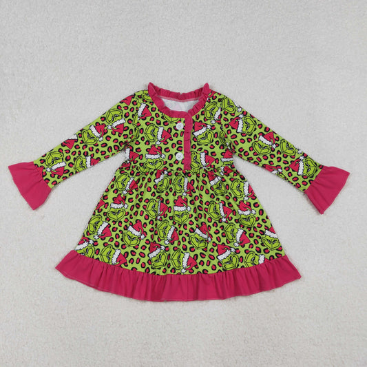 Baby Girl Long Sleeves Green Face Leopard Buttons Christmas Pajamas Gown Dress RTS