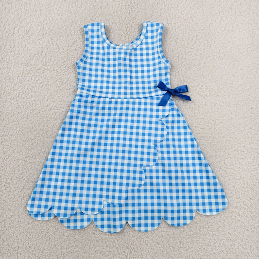Baby Girls Kids Sleeveless Blue Plaid Scallop Yoga Knee Length Dress RTS