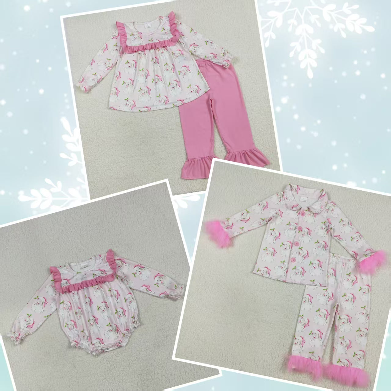 Baby Girl Long Sleeves Santa Christmas Sibling Pink Ruffle Romper Set Fur Pajamas RTS