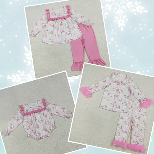 Baby Girl Long Sleeves Santa Christmas Sibling Pink Ruffle Romper Set Fur Pajamas RTS