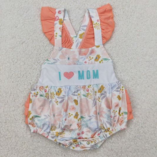 Baby Girl Infant Short Sleeves Embroidery I LOVE MOM Orange Ruffle Bubble Romper RTS