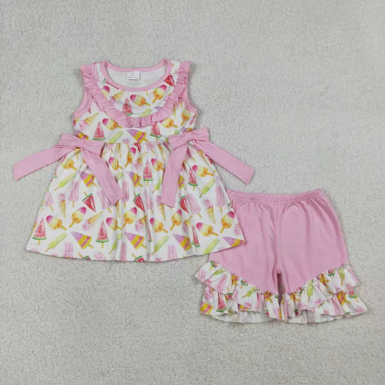 Sibling Baby Girls Sleeveless Popsicles Pink Bows Summer Knee Length Dress Set RTS