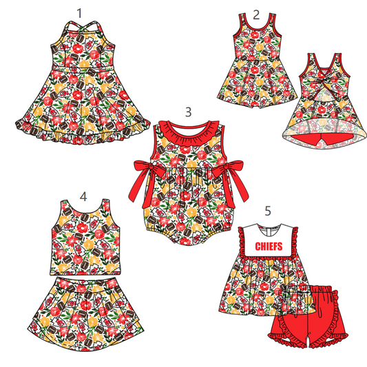 ( Moq 5 Each Style ) Baby Girls Kids Sleeveless Football Flower Sibling Red Romper Dresses Sets