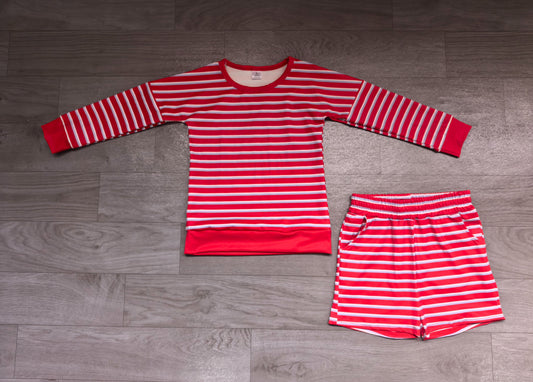 ( No moq ) Preorder Baby Girls Kids Long Sleeves Red Blue Stripes Shirt Shorts Set Yoga Active Clothes