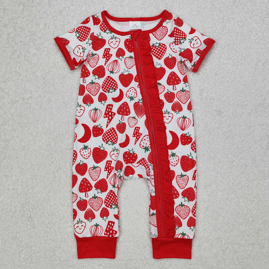 Baby Girl Infant Short Sleeves Strawberry Ruffle Zipper Romper RTS