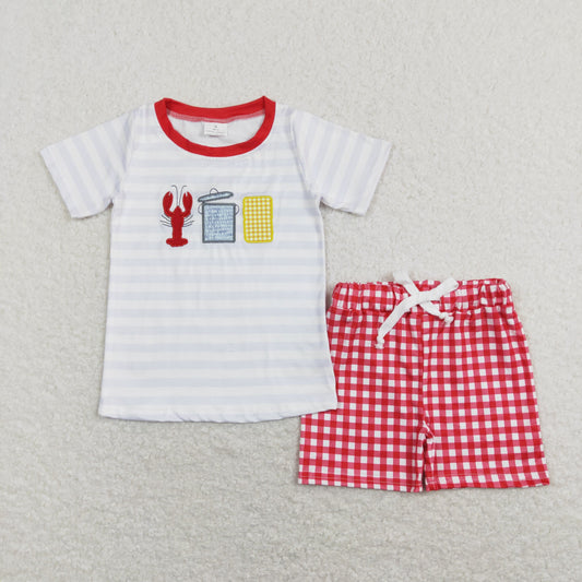 BSSO0419 Baby Boy Embroidery Crawfish Stripes Shirt Plaid Shorts Set