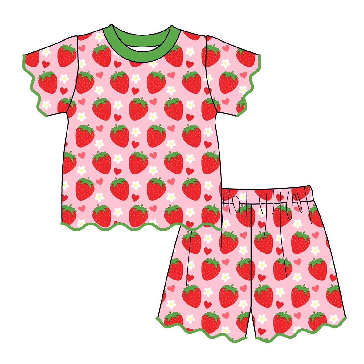 ( Moq 5 ) Preorder Baby Girls Kids Strawberry Hearts Flower Tops Scallop Shorts Summer Clothes