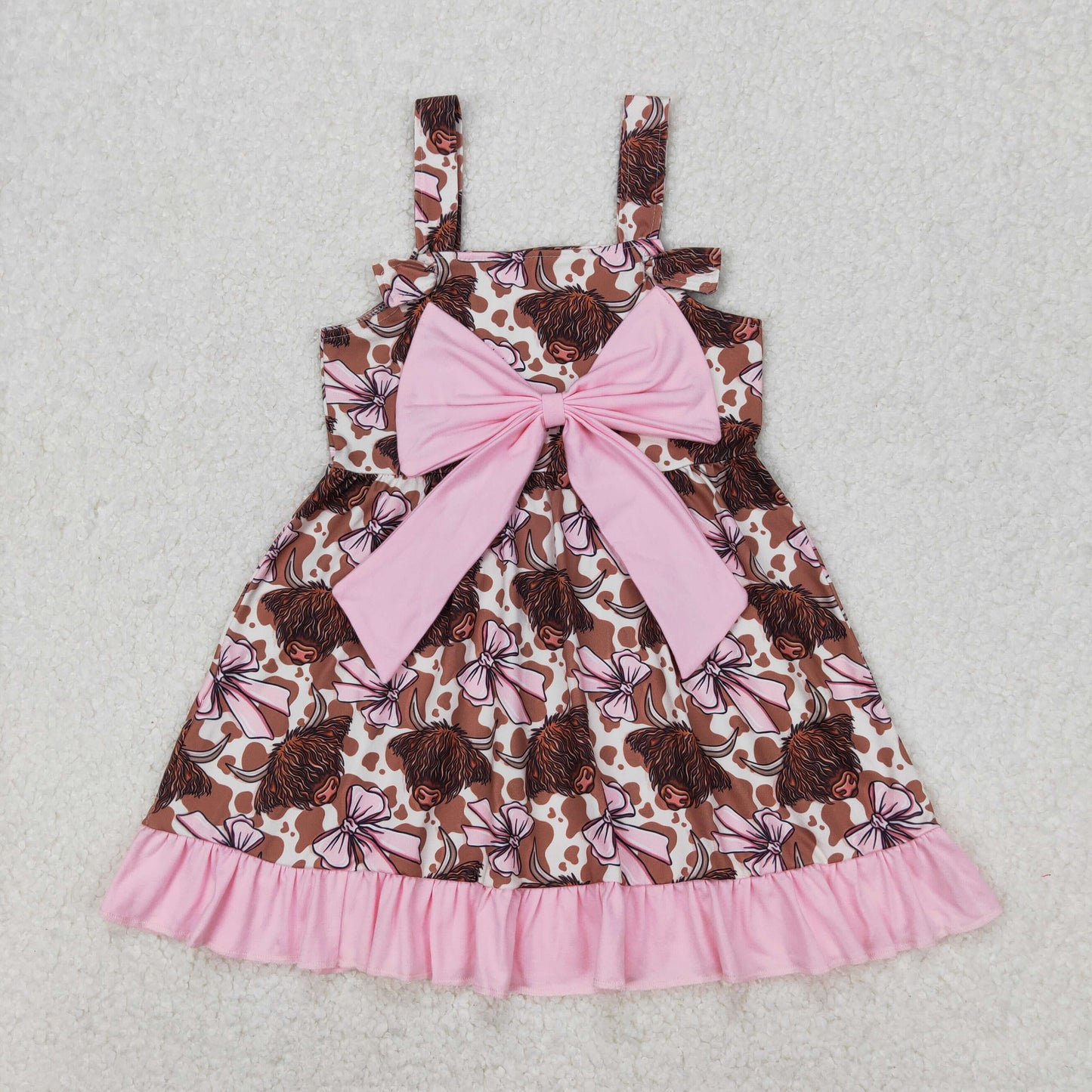 Baby Girl Straps Western Pink Bows Cow Knee Length Dress RTS