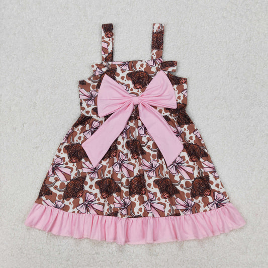Baby Girl Straps Western Pink Bows Cow Knee Length Dress RTS