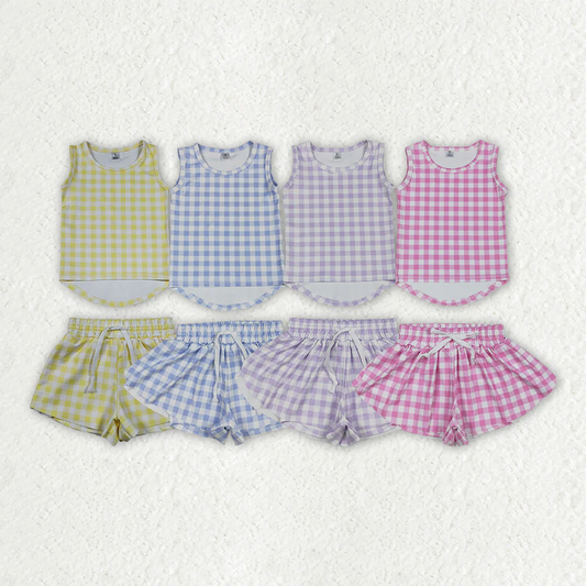 Sibling Baby Girls Kids Sleeveless Plaid Tops Shorts Sets Yoga Active Summer Clothes RTS
